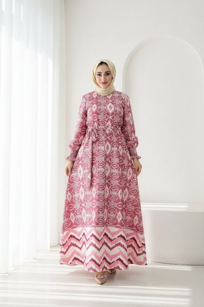 Bordo Desenli Şifon Eteği Fırfırlı Elbise
