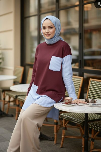 Bordo Garni Detaylı Penye Tunik
