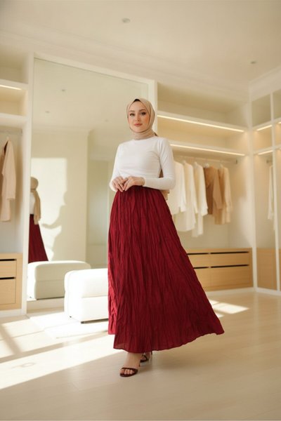 Bordo Kırışık Kumaş Kıraş Etek