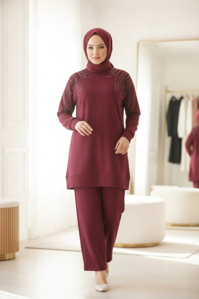 Bordo Taş Detaylı Penye İkili Takım
