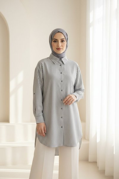 Striped Epaulette Tunic - Grey