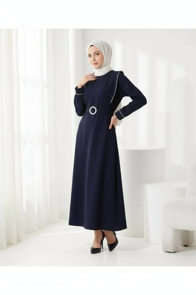 Epaulette Intermediate Piping Belted Modest Dress - Navy Blue