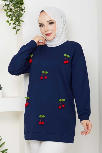 Lacivert İki İplik Kirazlı Tunik