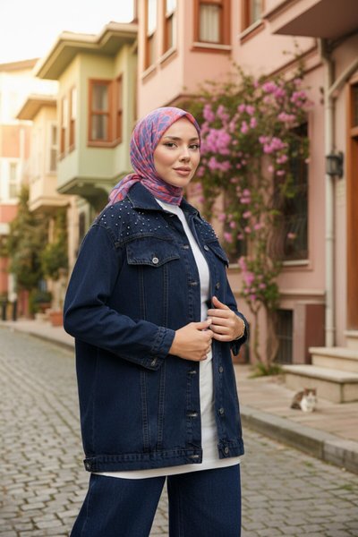 Lacivert Taş Detaylı Denim Ceket