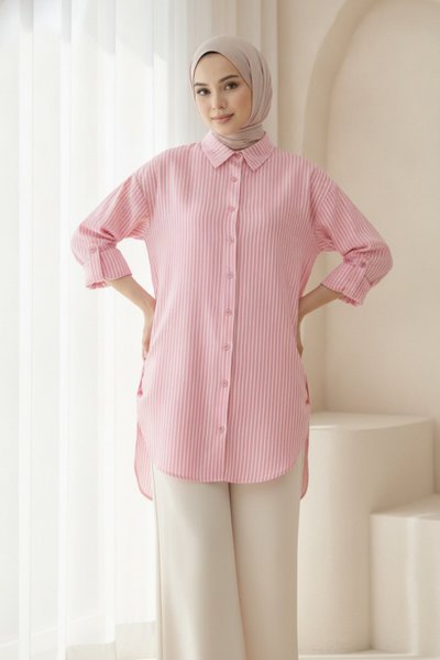 Pembe Çizgili Apoletli Tunik