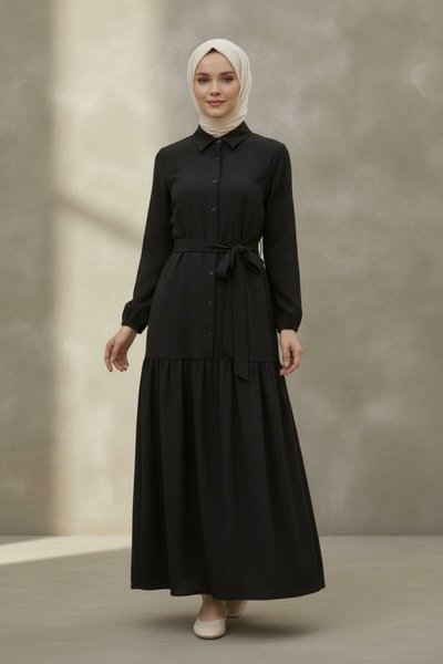 Shirt-Collar Crinkle Modest Dress - Black