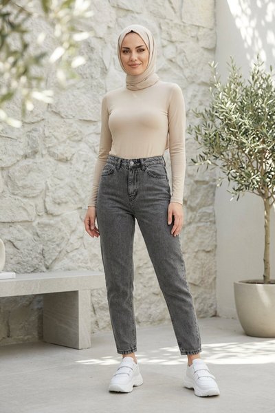 Siyah Denim Boyfriend Mom Pantolon