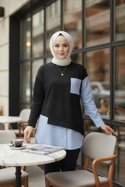 Siyah Garni Detaylı Penye Tunik