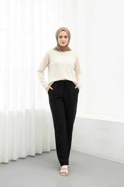 Siyah Keten Bağcıklı Pantolon