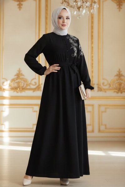 Embroidered Crepe Evening Dress - Black