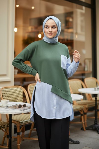 Yeşil Garni Detaylı Penye Tunik