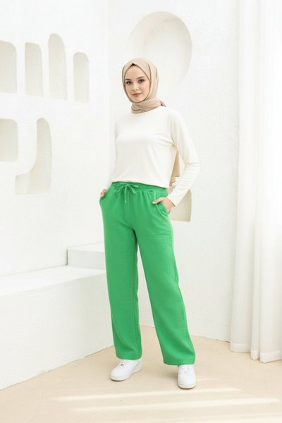 Yeşil Keten Bağcıklı Pantolon
