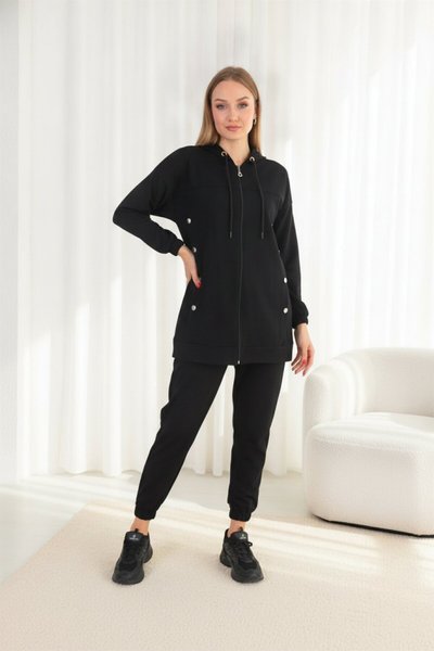 Sporty Side-Snap Tracksuit - Black