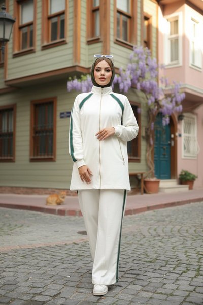 Zipper-Collar Tracksuit Set - Ecru