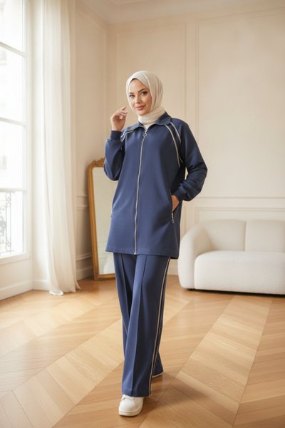Zip-Neck Tracksuit Set - Indigo