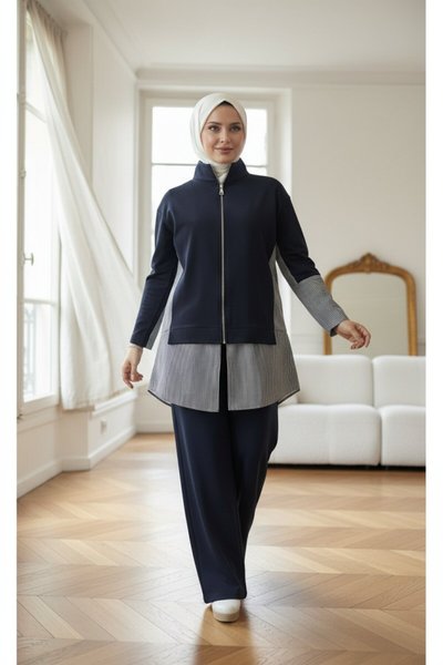 Double Zipper Tracksuit Set - Navy Blue
