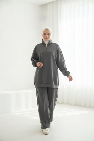 Zippered-Collar Modest Tracksuit Set - Anthracite