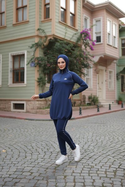 Jogger Scuba Half-Placket Zippered Tracksuit Set - Navy Blue