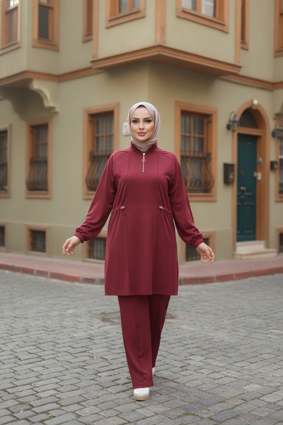 Half-Placket Zippered Scuba Modest Two-Piece Set - Burgundy - Wovi