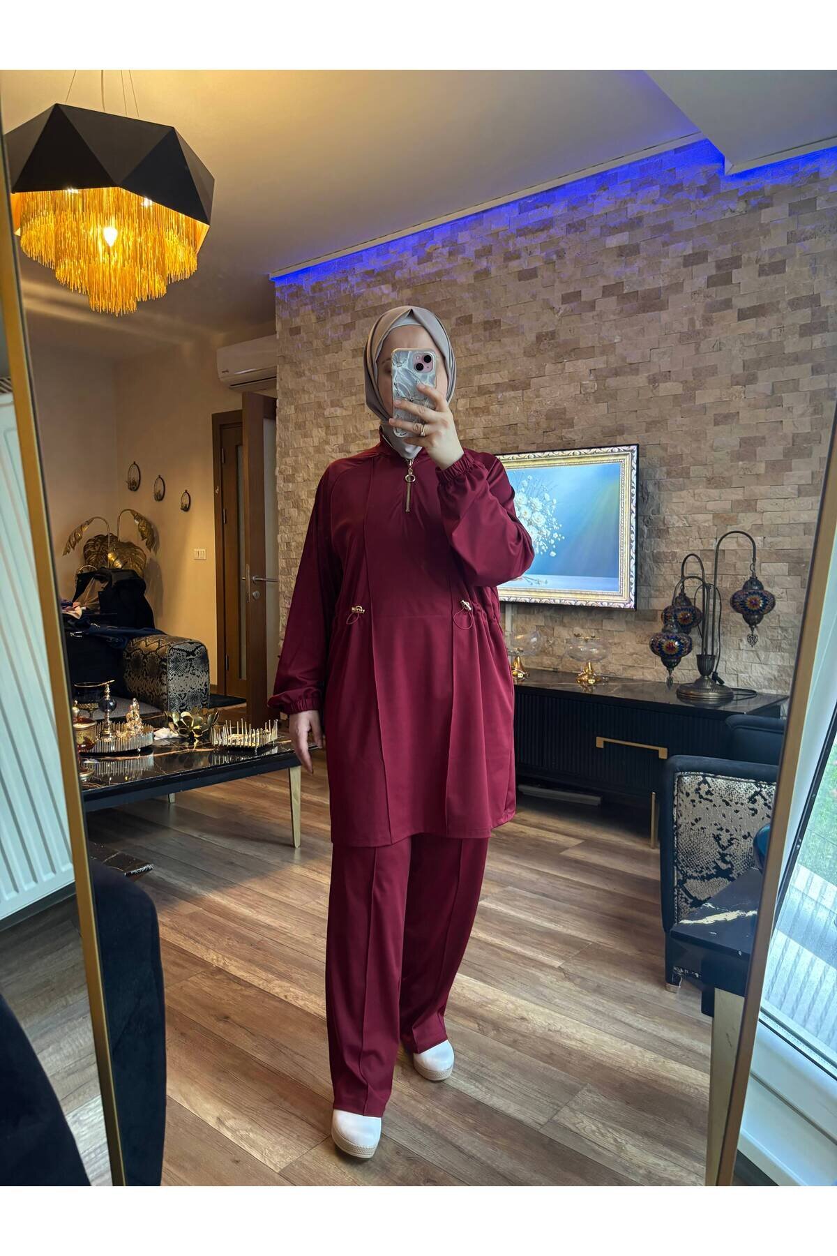 Half-Placket Zippered Scuba Modest Two-Piece Set - Burgundy - Wovi