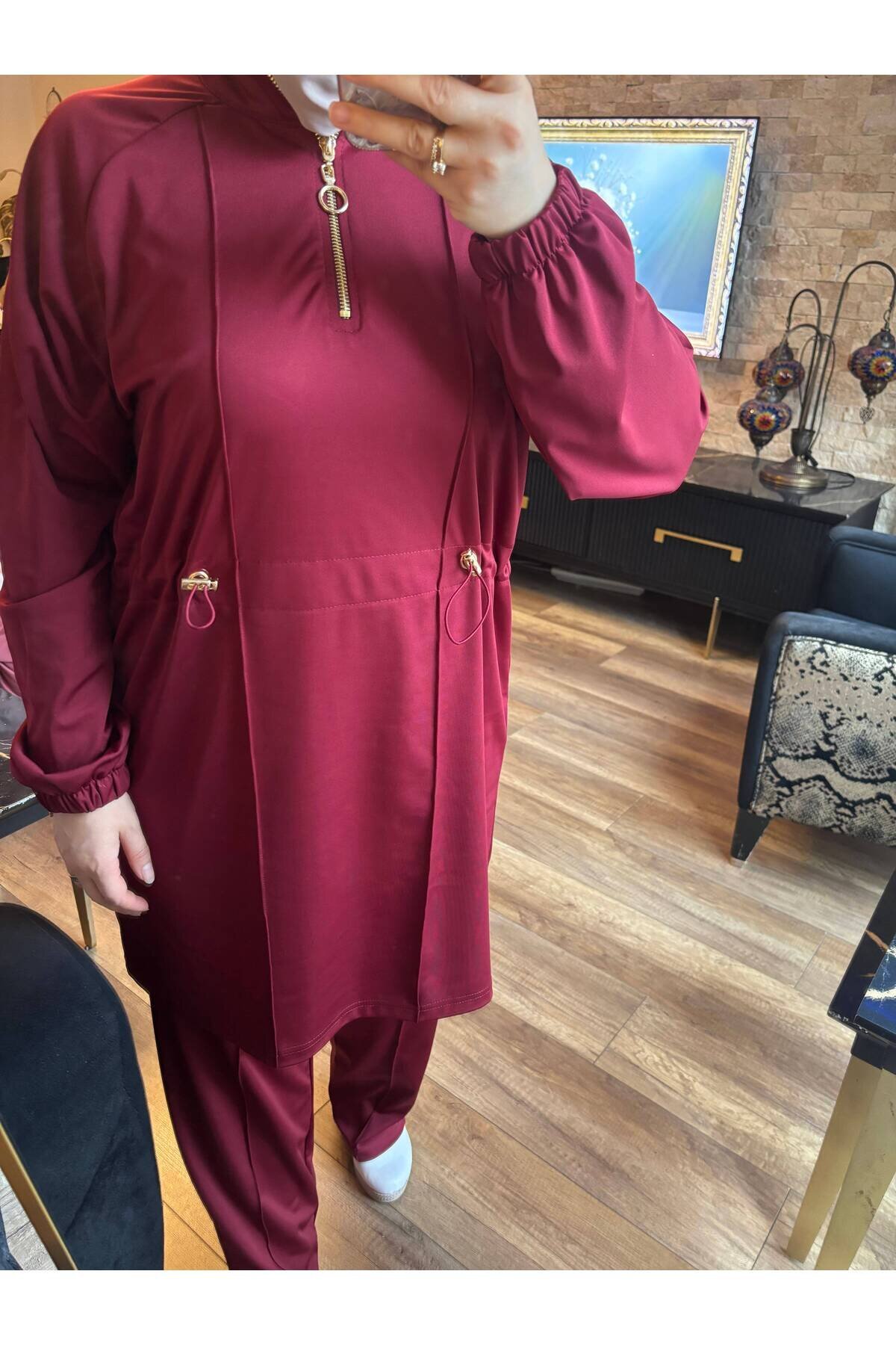 Half-Placket Zippered Scuba Modest Two-Piece Set - Burgundy - Wovi