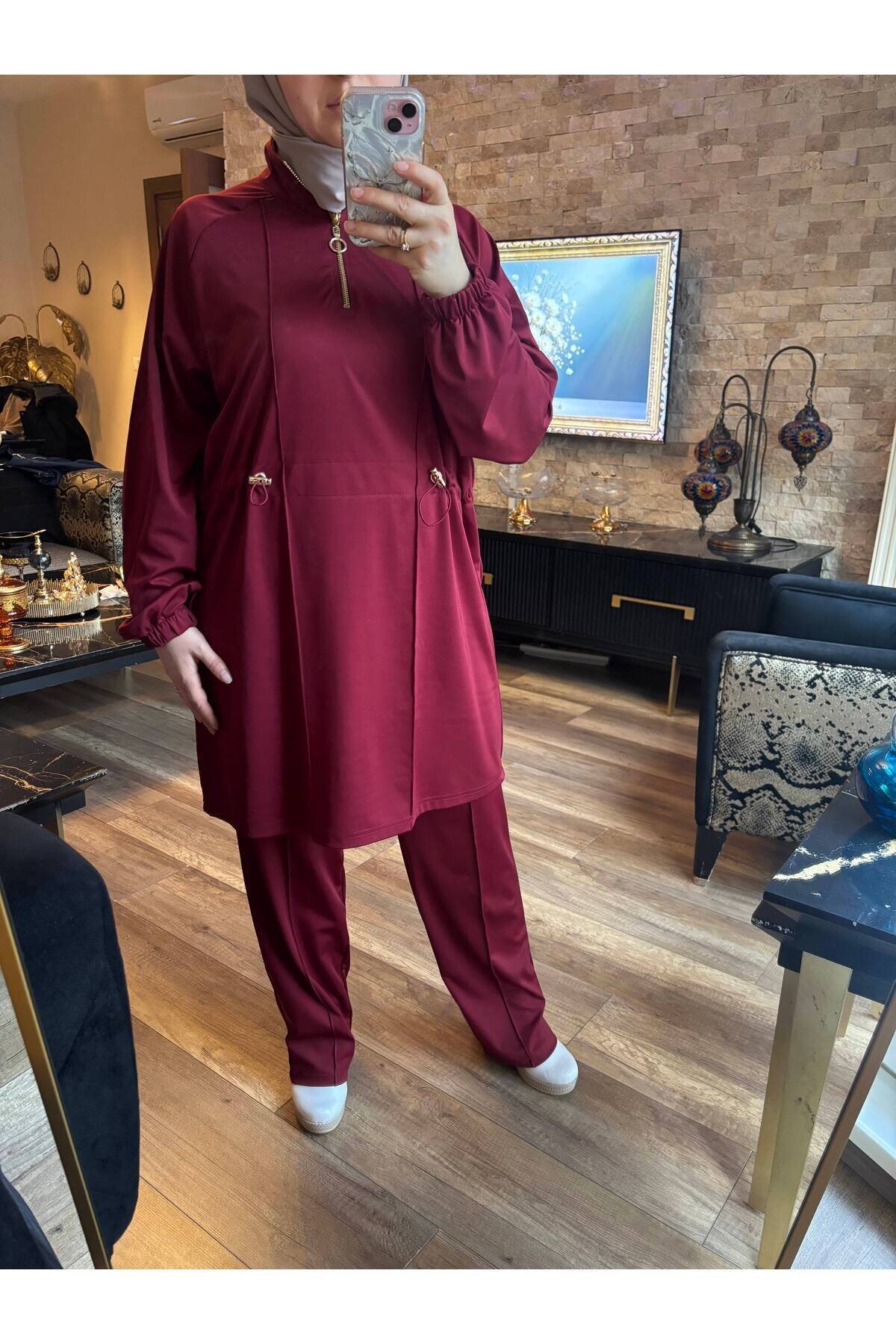 Half-Placket Zippered Scuba Modest Two-Piece Set - Burgundy - Wovi