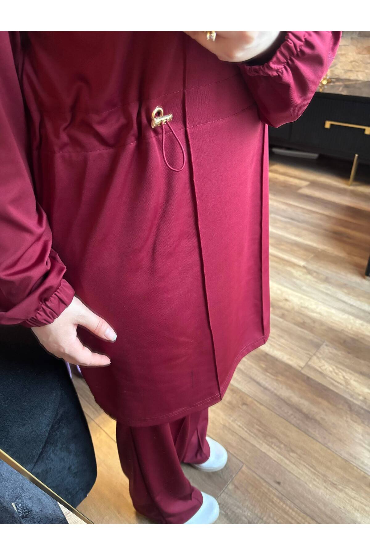 Half-Placket Zippered Scuba Modest Two-Piece Set - Burgundy - Wovi