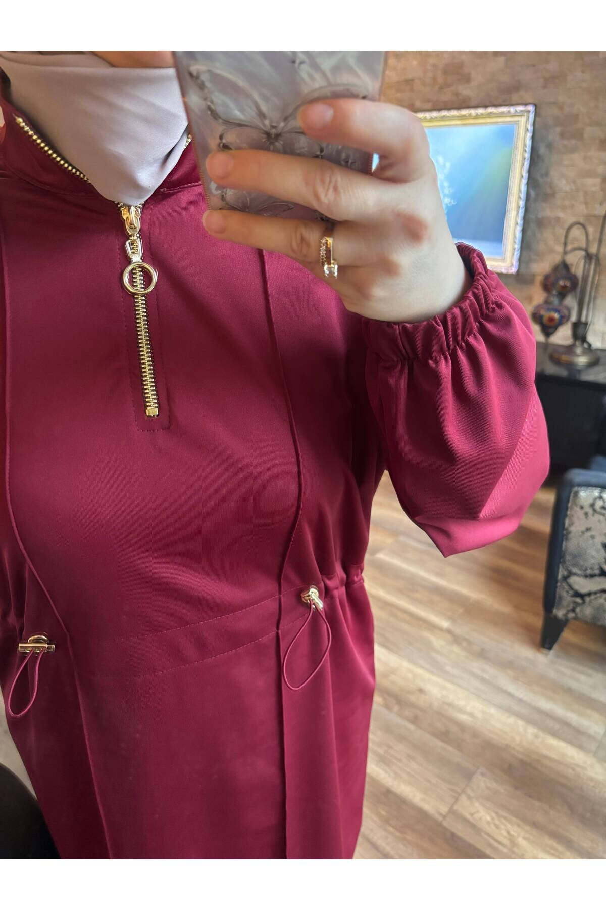 Half-Placket Zippered Scuba Modest Two-Piece Set - Burgundy - Wovi