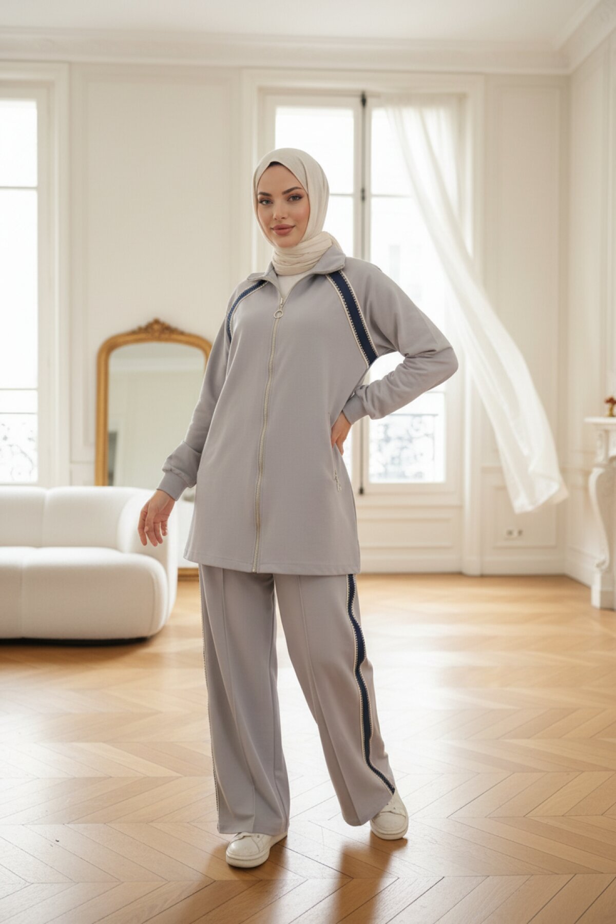 Zipper Collar Tracksuit Set - Gray - Wovi