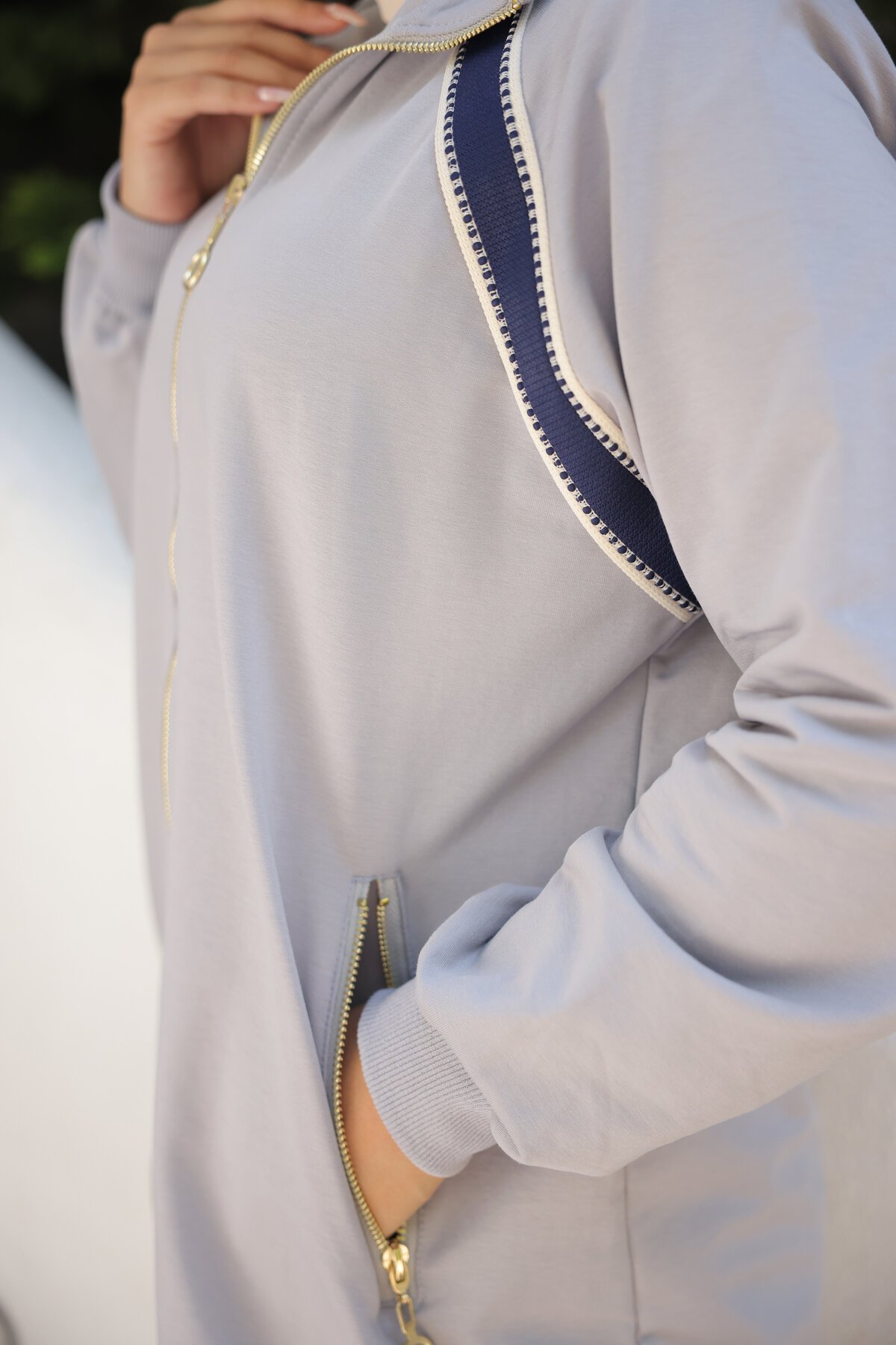 Zipper Collar Tracksuit Set - Gray - Wovi