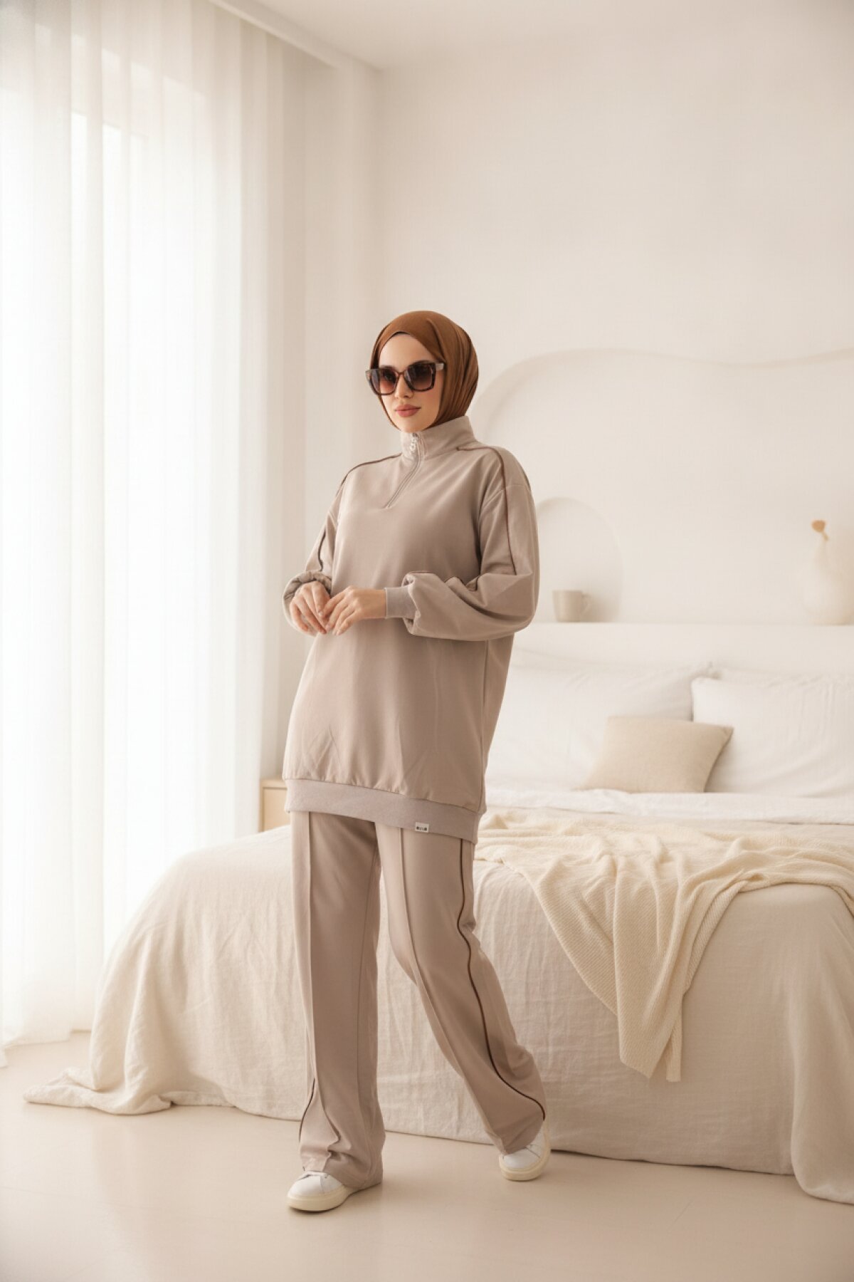 Zipper-Collar Tracksuit Set - Sand - Wovi