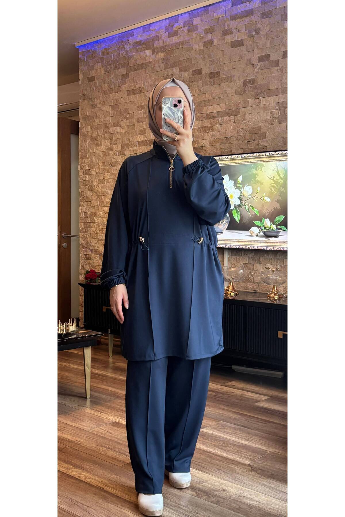 Half-Placket Zippered Scuba Tracksuit Set - Navy Blue - Wovi
