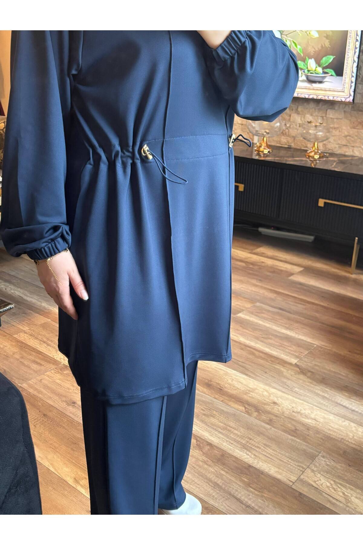 Half-Placket Zippered Scuba Tracksuit Set - Navy Blue - Wovi