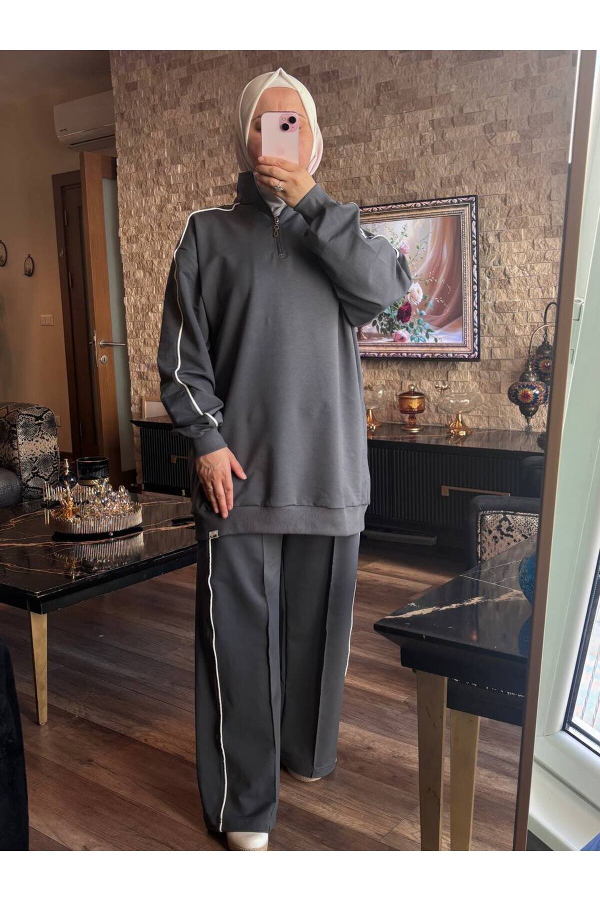 Zippered-Collar Modest Tracksuit Set - Anthracite - Wovi Moda