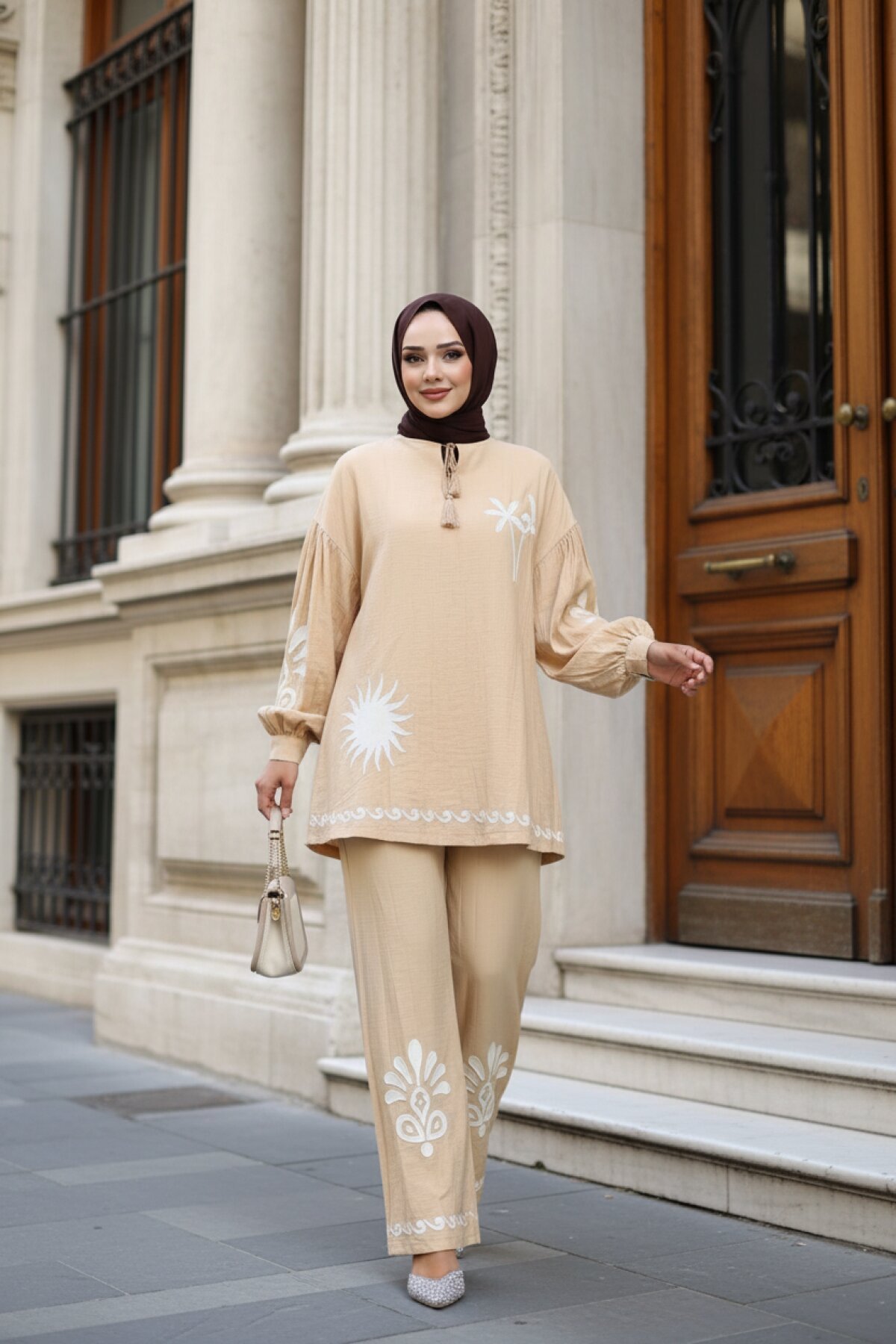 Two-Piece Contour Print Detail Modest Set - Beige - Wovi Moda