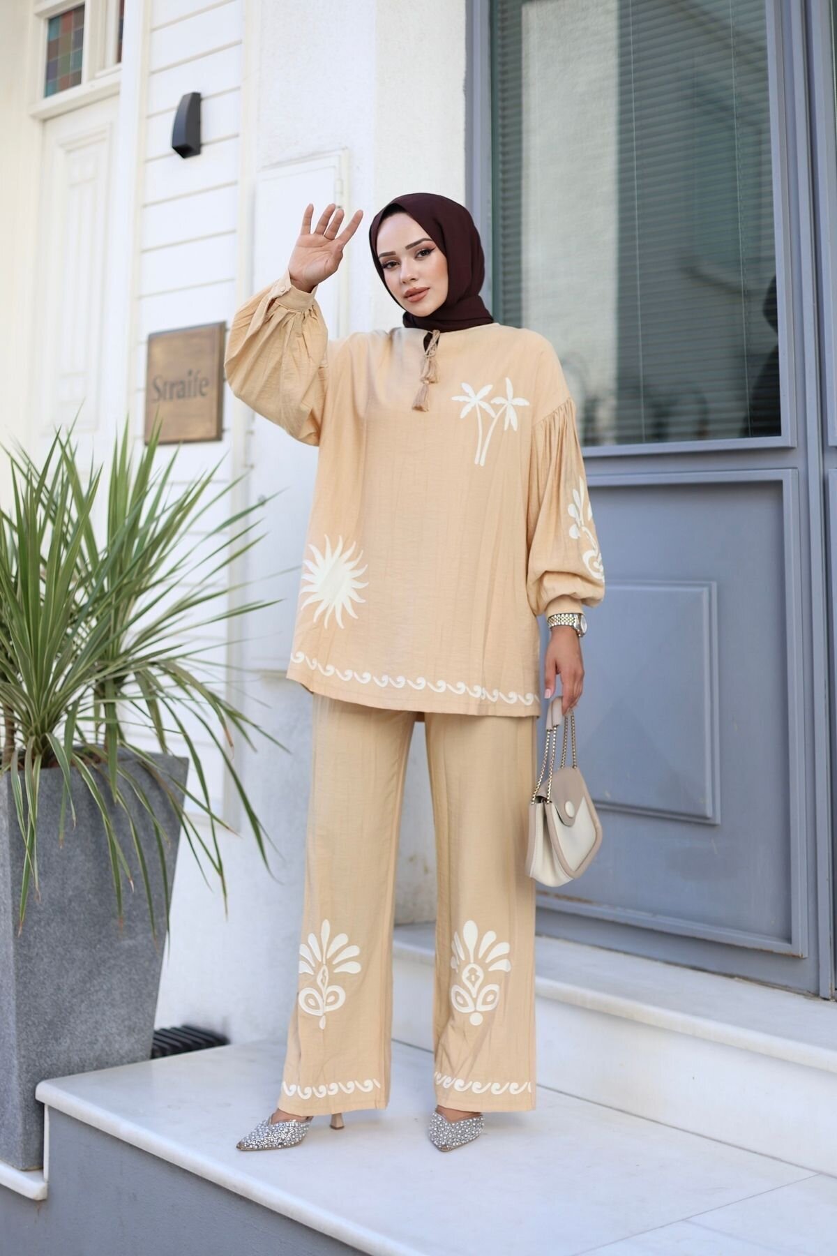 Two-Piece Contour Print Detail Modest Set - Beige - Wovi Moda