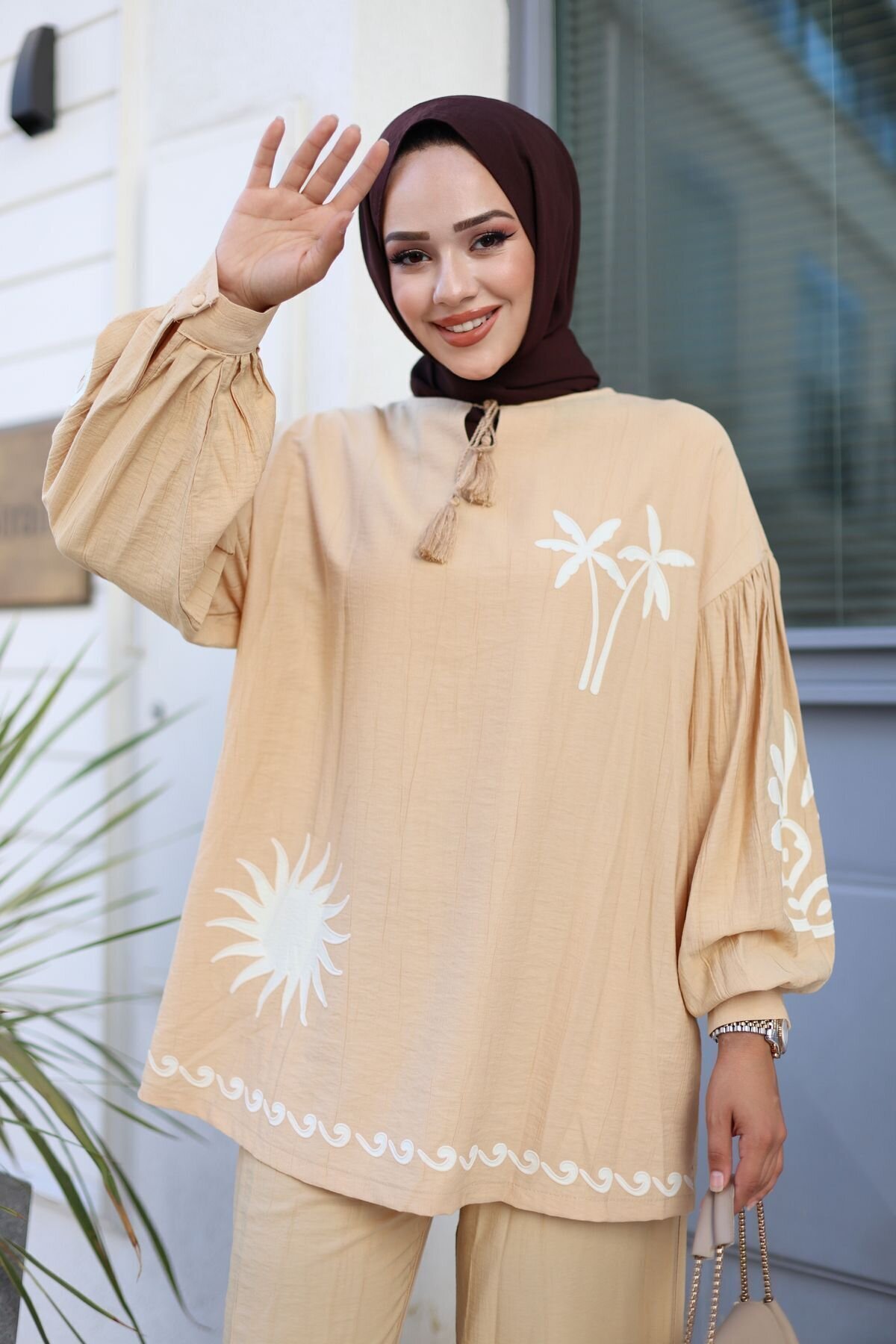 Two-Piece Contour Print Detail Modest Set - Beige - Wovi Moda