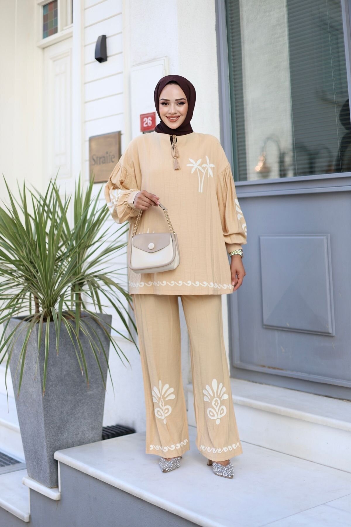 Two-Piece Contour Print Detail Modest Set - Beige - Wovi Moda