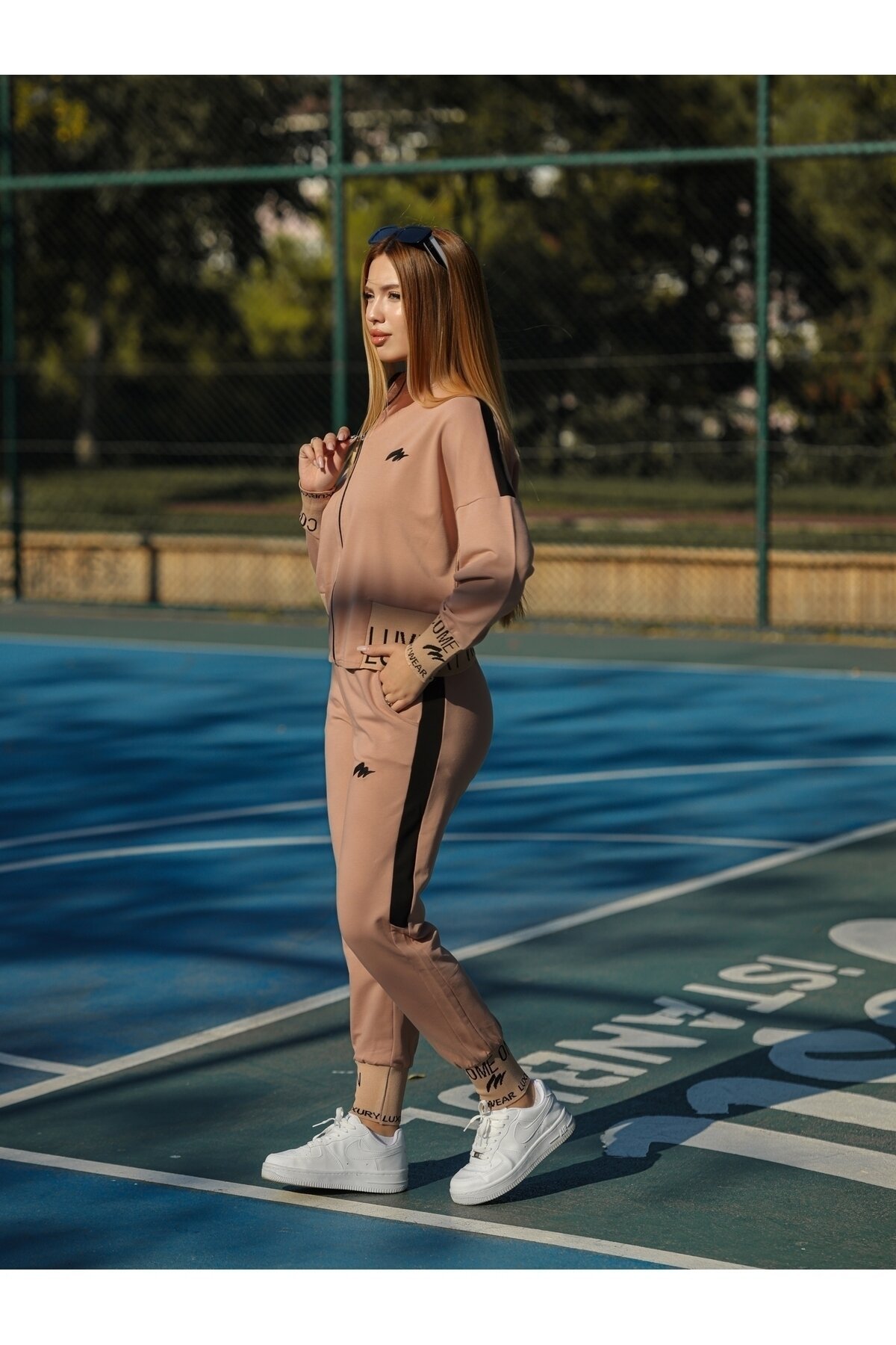 Embroidered Zippered Tracksuit Set - Beige - Wovi Moda