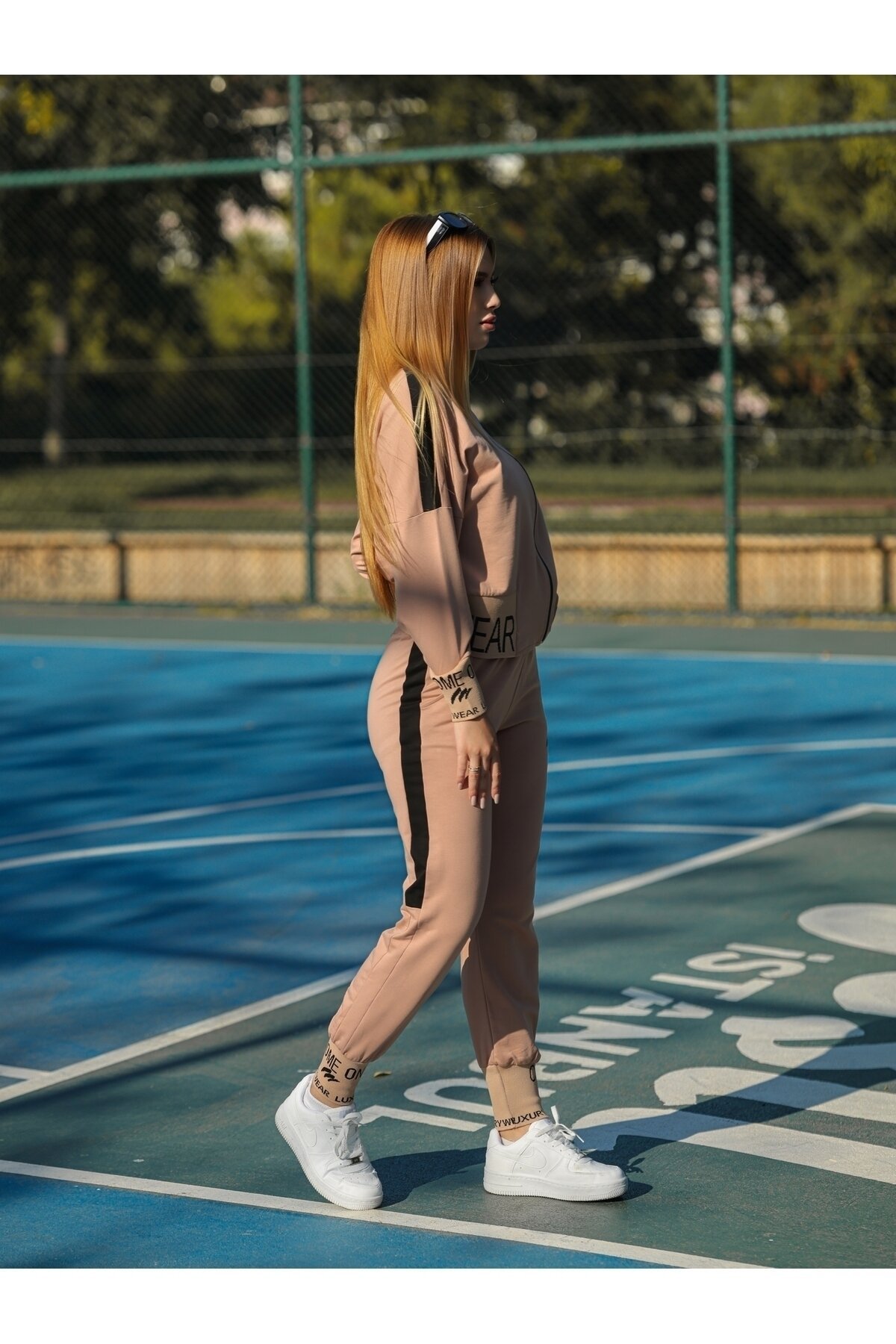 Embroidered Zippered Tracksuit Set - Beige - Wovi Moda