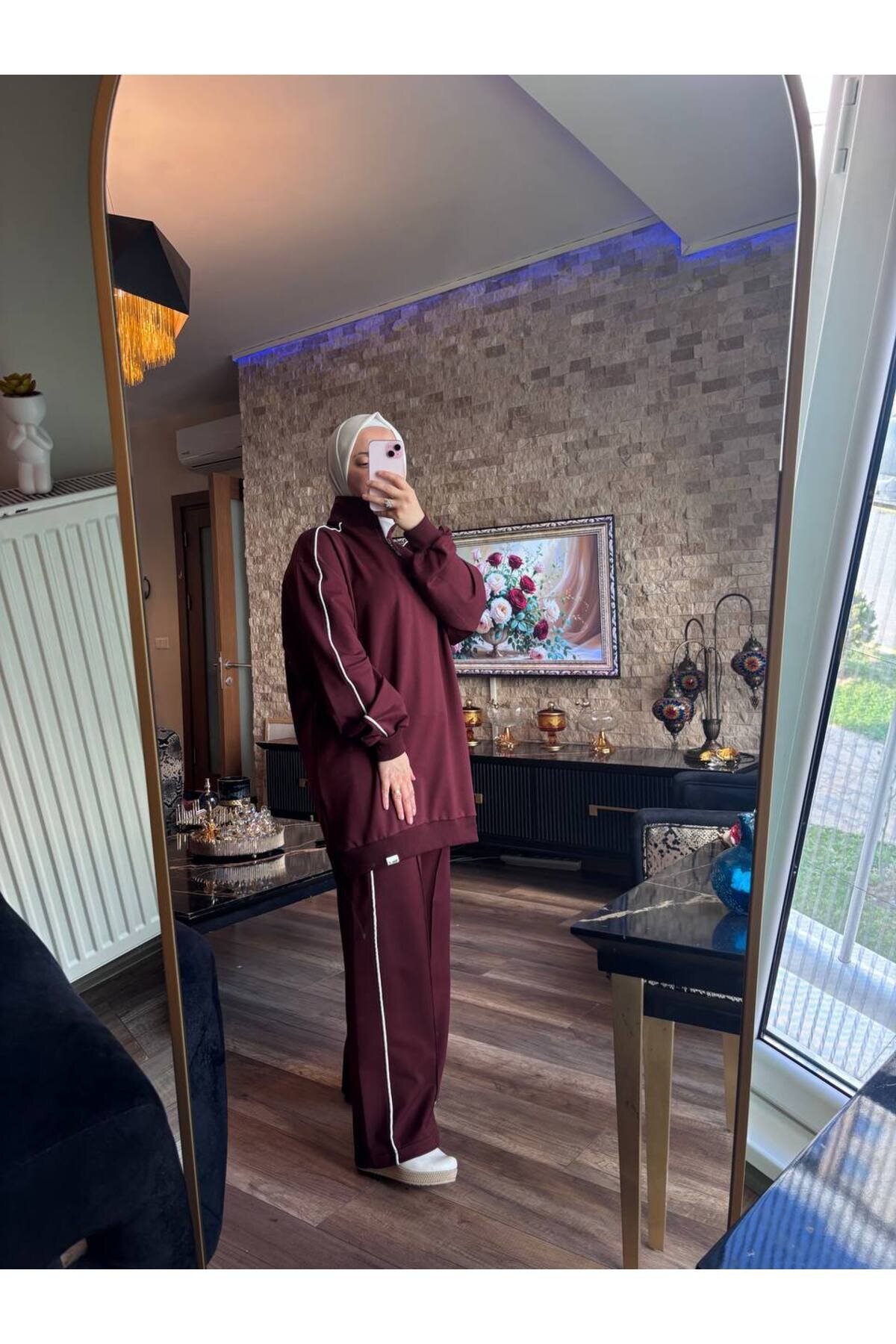 Bordo Fermuarlı Yaka İkili Takım - Wovi Moda
