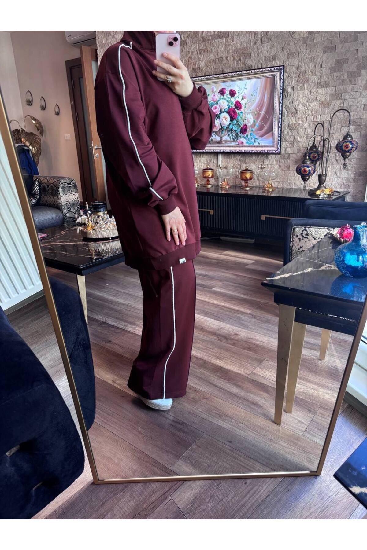 Bordo Fermuarlı Yaka İkili Takım - Wovi Moda