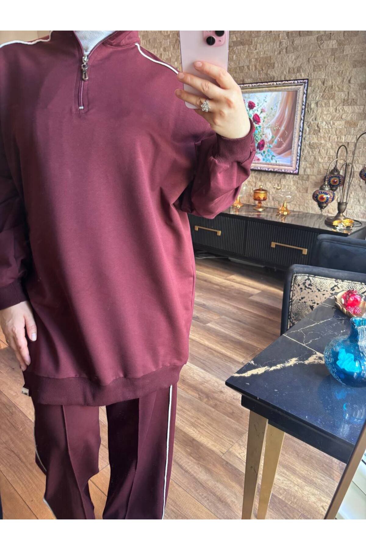 Bordo Fermuarlı Yaka İkili Takım - Wovi Moda