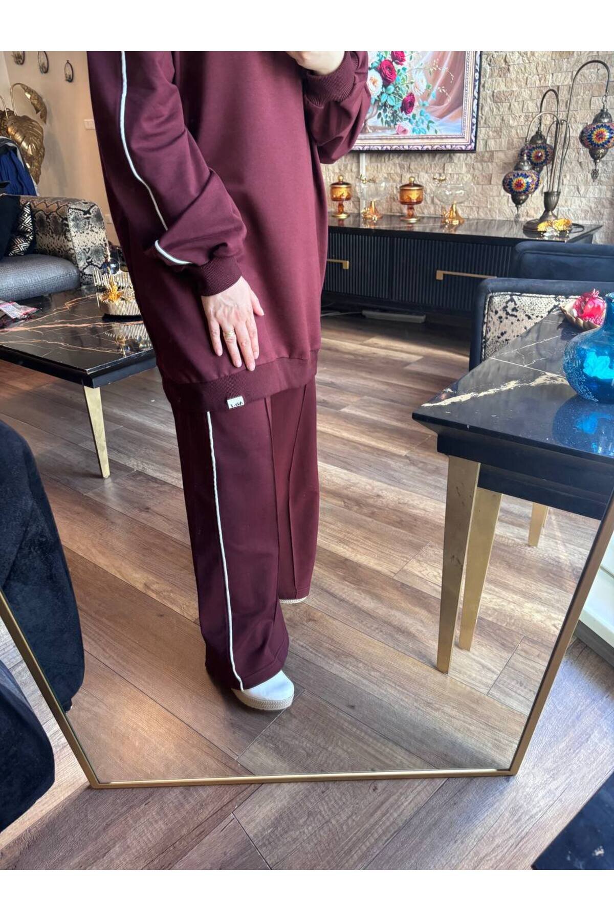 Bordo Fermuarlı Yaka İkili Takım - Wovi Moda