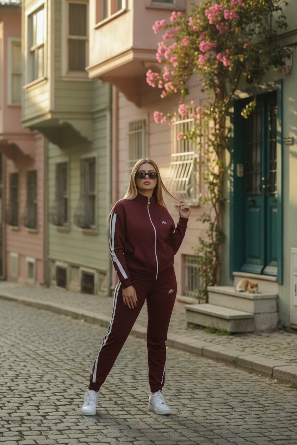 Embroidered Zippered Tracksuit Set - Burgundy - Wovi Moda