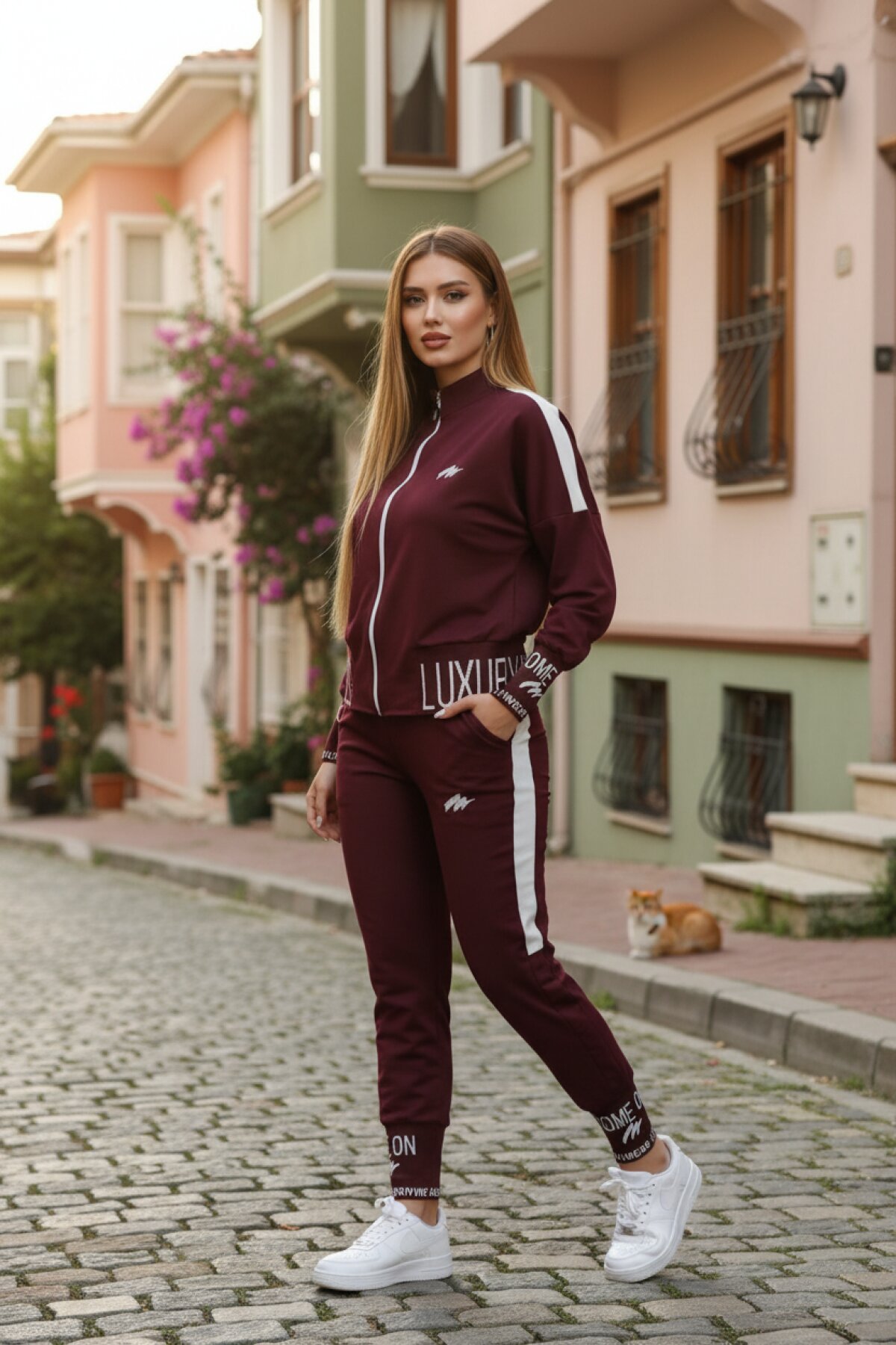 Embroidered Zipped Tracksuit Set - Claret Red - Wovi Moda