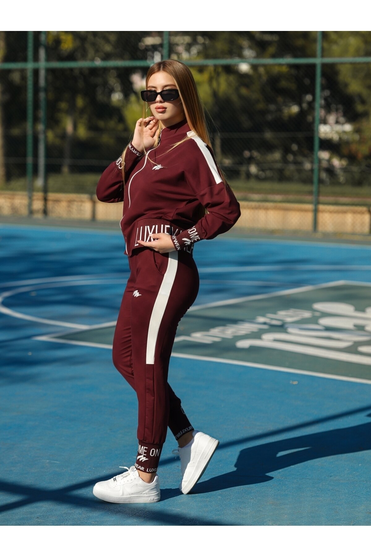 Embroidered Zipped Tracksuit Set - Claret Red - Wovi Moda