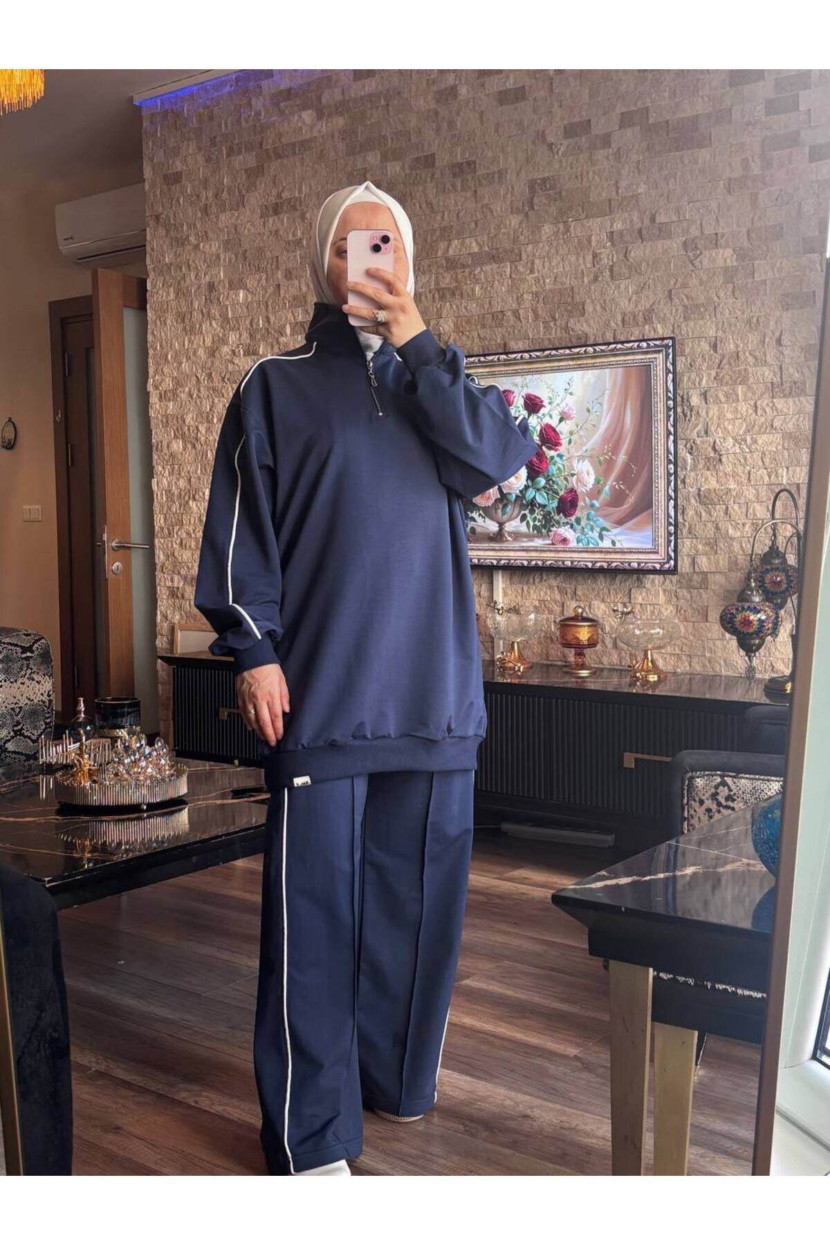 Lacivert İkili Fermuarlı Yaka Takım - Wovi Moda