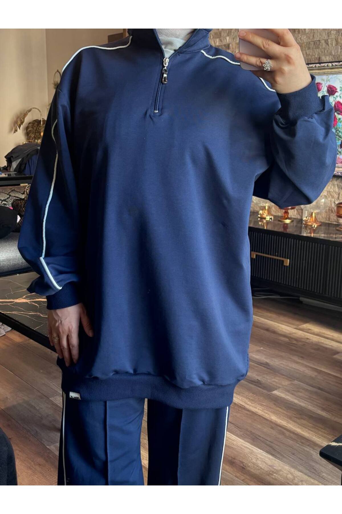 Lacivert İkili Fermuarlı Yaka Takım - Wovi Moda