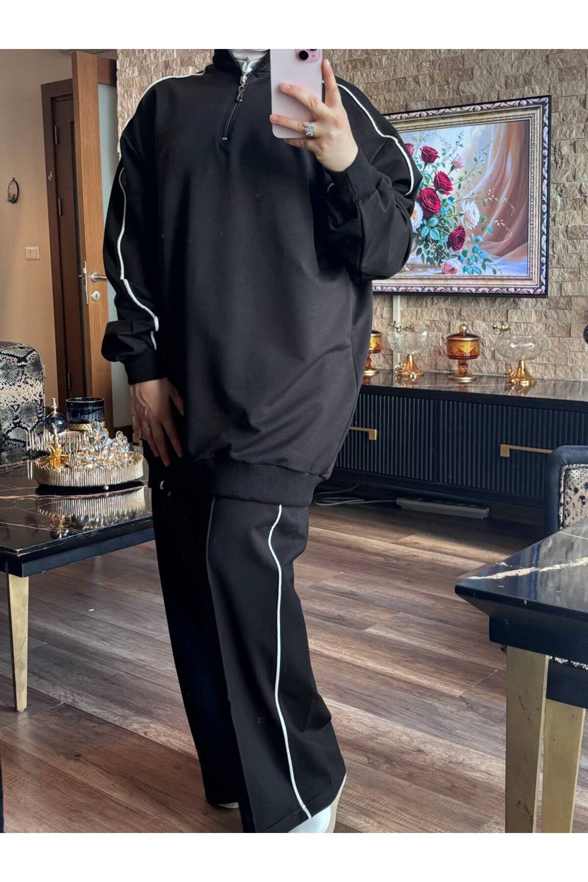 Siyah İkili Fermuarlı Yaka Takım - Wovi Moda